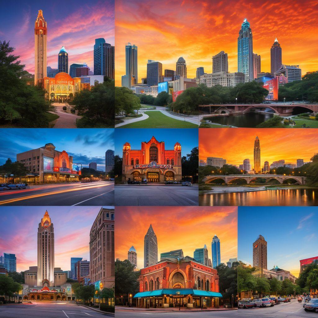 A vibrant collage showcasing Atlanta's iconic sites, including the Fox Theatre and Piedmont Park, blending images of local art, music festivals, and diverse cuisine. Faces of cheerful locals engaging in community events reflect the rich culture. The background features a sunset skyline, symbolizing the city’s dynamic spirit. Bright colors and lively elements highlight the energetic atmosphere. super-realistic. vibrant colors. 3D.