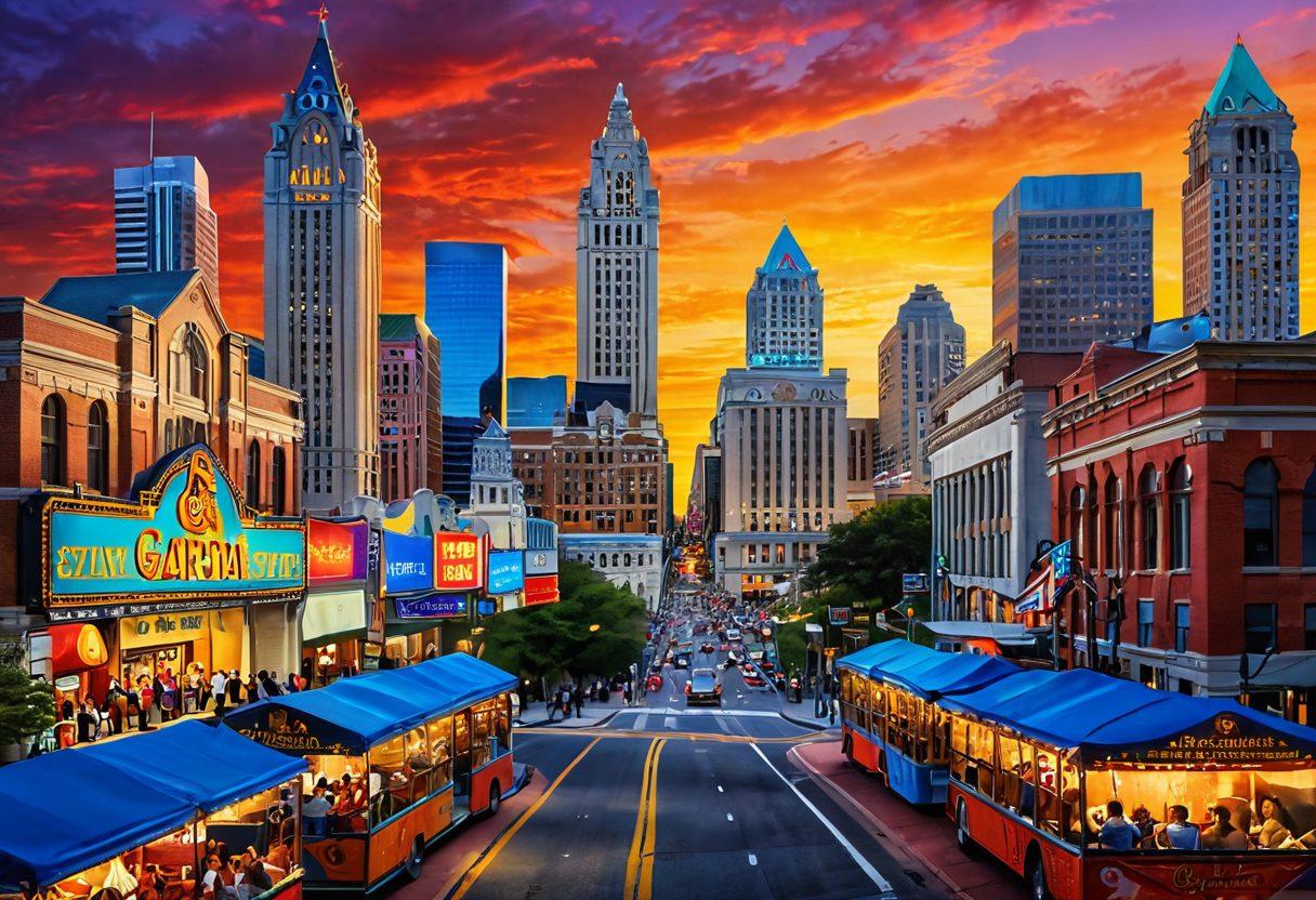 A vibrant Atlanta city skyline at sunset, showcasing iconic landmarks like the Georgia State Capitol and the Fox Theatre, bustling streets filled with diverse people enjoying local food stalls and street art. Incorporate elements of vibrant cultural festivals, lively music performances, and colorful event posters around the scene. super-realistic. vibrant colors. 3D.