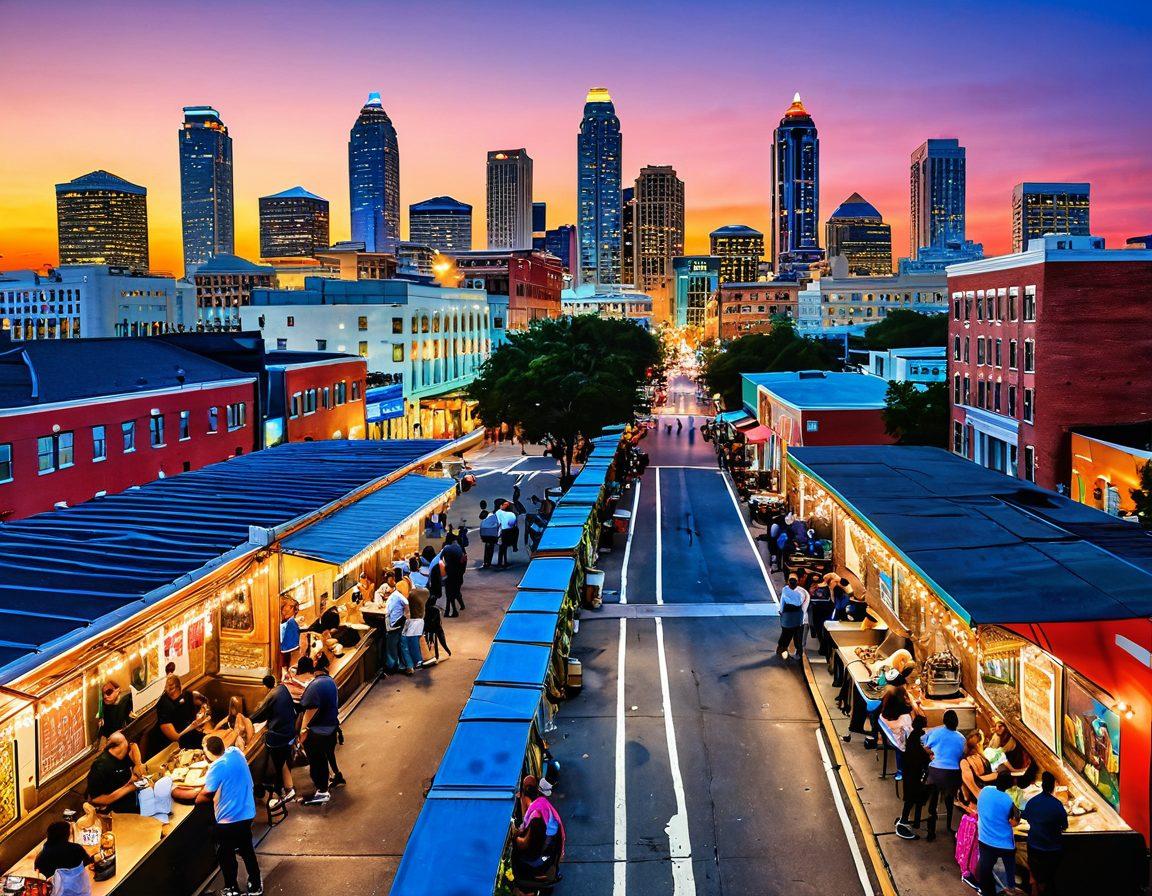 A bustling Atlanta street scene during a vibrant sunset, showcasing local art murals, people enjoying outdoor cafes, and live music performances. The skyline of Atlanta can be seen in the background, adorned with colorful lights. Highlight elements like food trucks and street performers to convey the city's lively atmosphere. super-realistic. vibrant colors. cityscape.